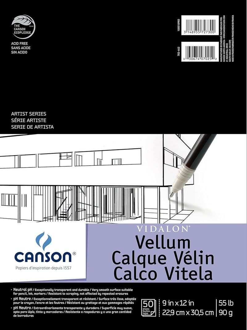 Canson Artist Series Vidalon Vellum Paper Foldover Pad 9x12 inches 50 Sheets 55lb90g  Artist Paper for Adults and Students - Image 1