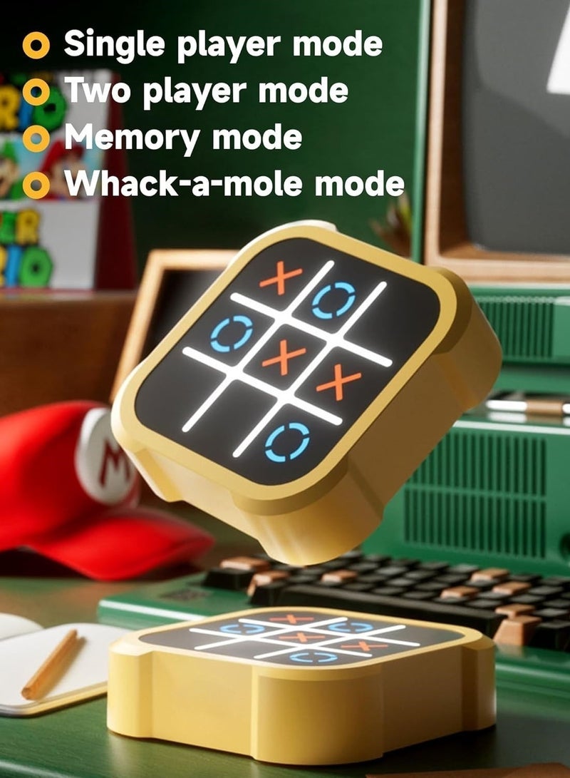 Dexo 4-in-1 Rechargeable Tic Tac Toe Handheld Game Console – XO Puzzle Game with Memory, Whack-A-Mole & AI Mode, Portable Brain & Strategy Game for Kids & Adults (3+ Years, Yellow) - Image 2