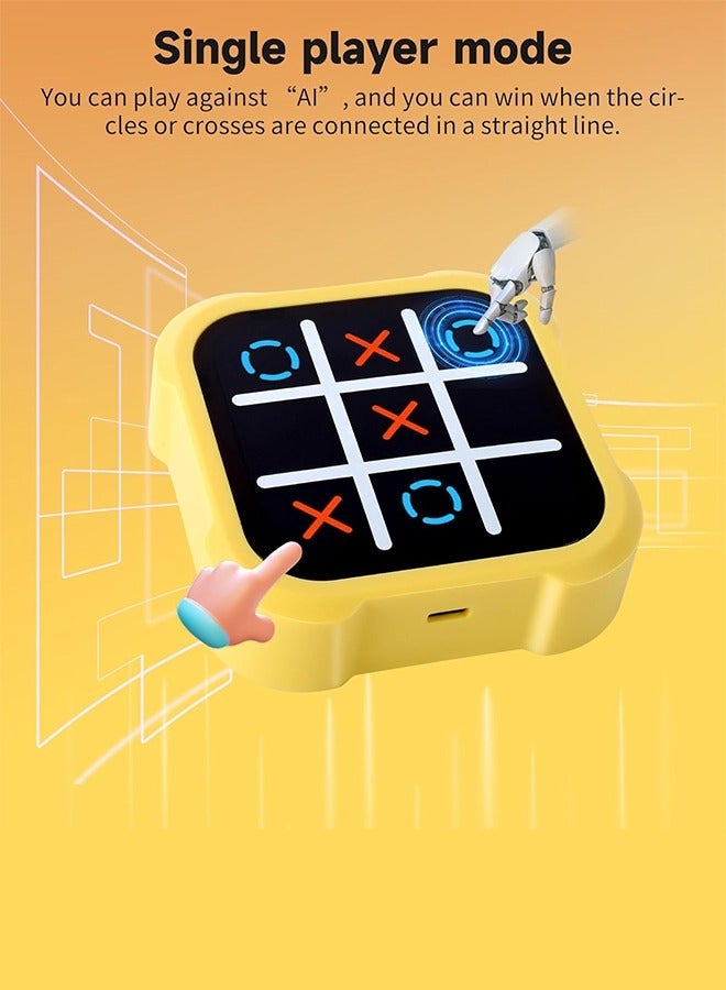 Dexo 4-in-1 Rechargeable Tic Tac Toe Handheld Game Console – XO Puzzle Game with Memory, Whack-A-Mole & AI Mode, Portable Brain & Strategy Game for Kids & Adults (3+ Years, Yellow) - Image 4