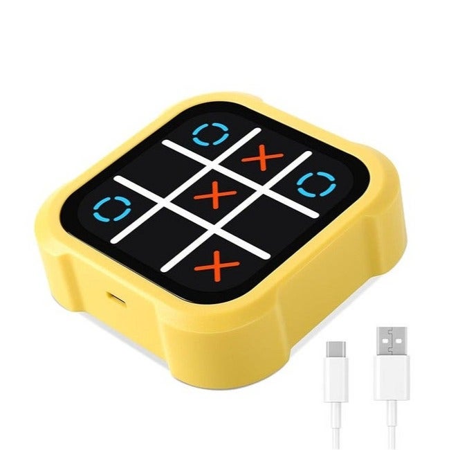 Dexo 4-in-1 Rechargeable Tic Tac Toe Handheld Game Console – XO Puzzle Game with Memory, Whack-A-Mole & AI Mode, Portable Brain & Strategy Game for Kids & Adults (3+ Years, Yellow) - Image 1