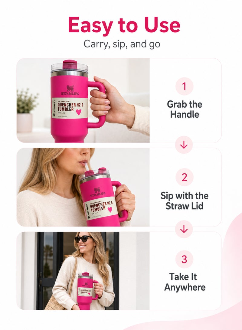Stanley Quencher H2.0 FlowState Stainless Steel Vacuum Insulated Tumbler with Lid and Straw for Water, Iced Tea or Coffee, Smoothie and More, 40 oz, Rose Red - Image 2