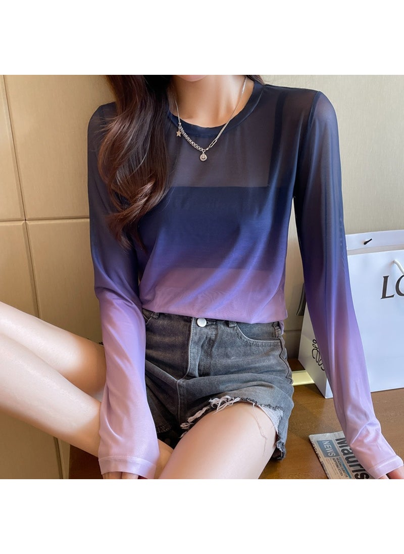 Generic - 2025 Spring Summer New Gradient Color Loose Fit Long Sleeve T-Shirt Hollow Out Inner Top Womens Mesh Base Layer Top Green - Image 1