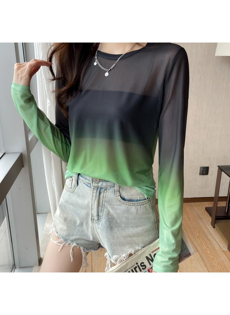 Generic - 2025 Spring Summer New Gradient Color Loose Fit Long Sleeve T-Shirt Hollow Out Inner Top Womens Mesh Base Layer Top Green - Image 1