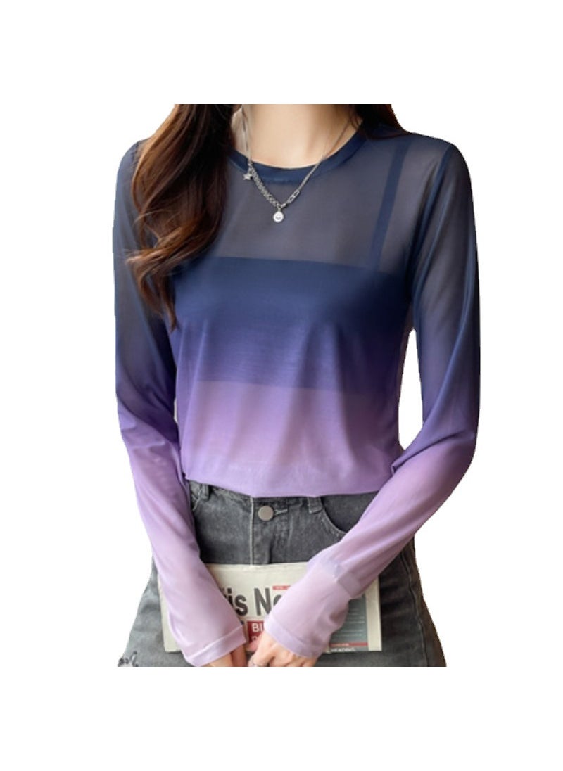 Generic - 2025 Spring Summer New Gradient Color Loose Fit Long Sleeve T-Shirt Hollow Out Inner Top Womens Mesh Base Layer Top Green - Image 1
