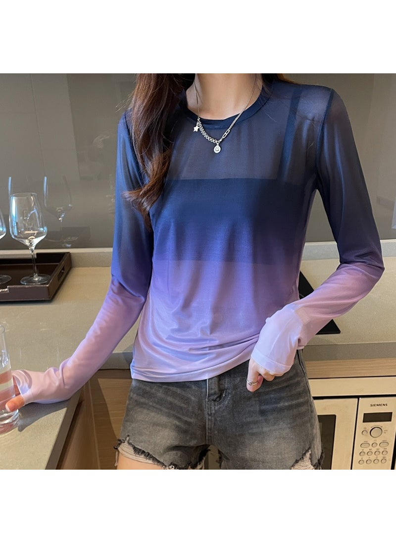 Generic - 2025 Spring Summer New Gradient Color Loose Fit Long Sleeve T-Shirt Hollow Out Inner Top Womens Mesh Base Layer Top Green - Image 1