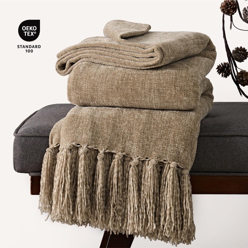 EverGrace Soft Chenille Throw Blanket for Couch, Cozy Plush Fuzzy Decorative Chenille Knit Throw Blanket with Tassels, Lightweight Blanket and Throws for Bed Sofa Gift Home Decor, Beige 50"x60" - Image 4