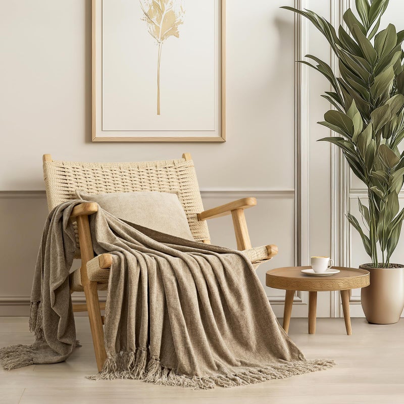 EverGrace Soft Chenille Throw Blanket for Couch, Cozy Plush Fuzzy Decorative Chenille Knit Throw Blanket with Tassels, Lightweight Blanket and Throws for Bed Sofa Gift Home Decor, Beige 50"x60" - Image 1