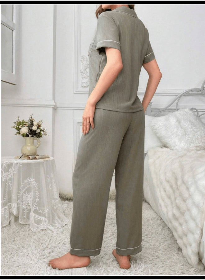 Shein Ladies' Pocket Teddy Bear Embroidery Contrast Trim Short Sleeve Top And Pants Pajama Set  - Image 2