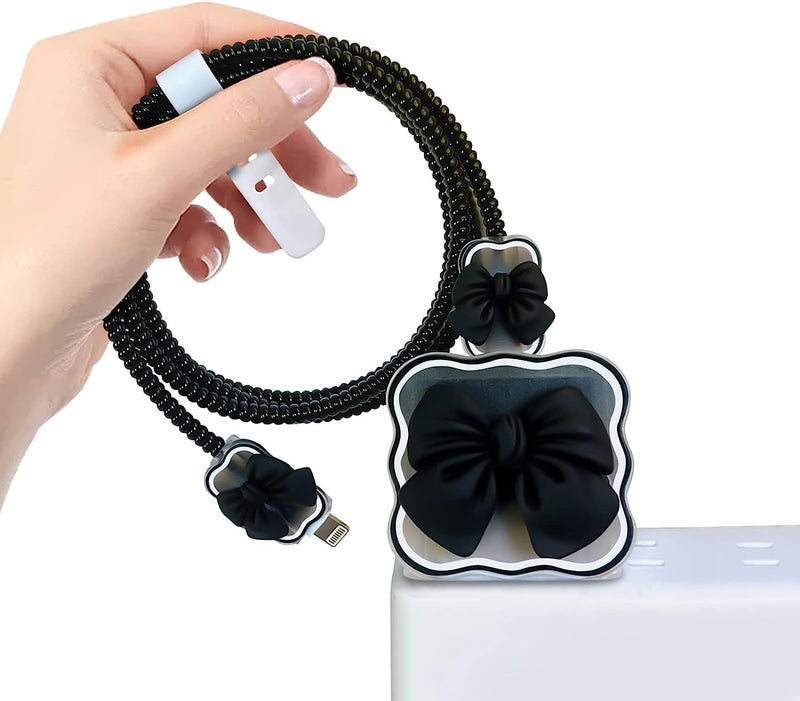 INEFABLE Charger Case Cover Protector with 3D Cute Pattern for iPhone Charger only 18W & 20W, Data Charging Cable Wire Saver Protective Cable Cover Full Protection - Set Of 1 (Black Bow) - Image 1