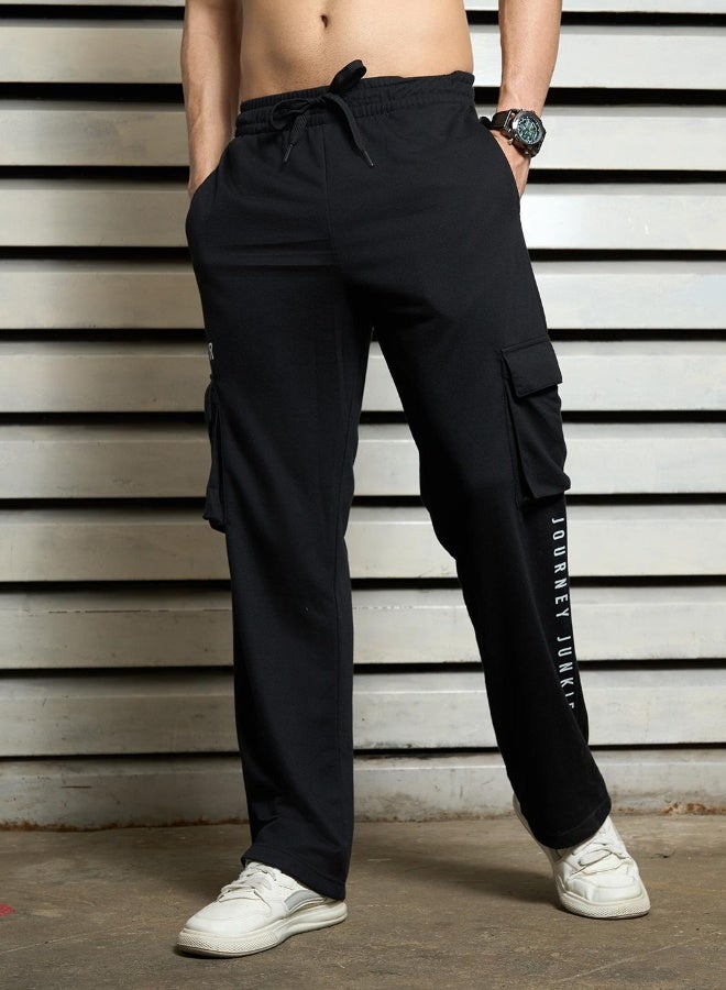 HIGH STAR Men's Black 100% Polyester Printed Full Length Casual Track Pant Straight Fit Trouser - Image 3