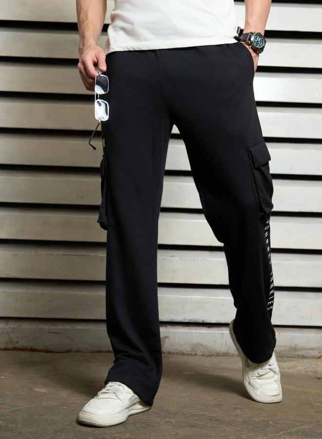 HIGH STAR Men's Black 100% Polyester Printed Full Length Casual Track Pant Straight Fit Trouser - Image 2