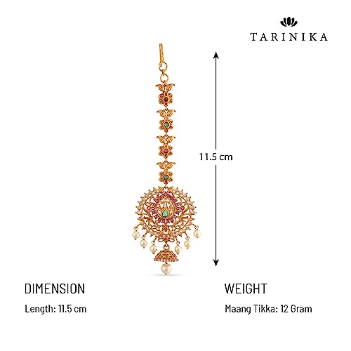 TARINIKA Antique Maang Tikka(Nethi chutti) for Women, Gold Plated Brass & CZ Stones Head Jewelry, Traditional Wedding Mang tikka Festive & Bridal Accessory (Ishita Antique(White Red Green)) - Image 4