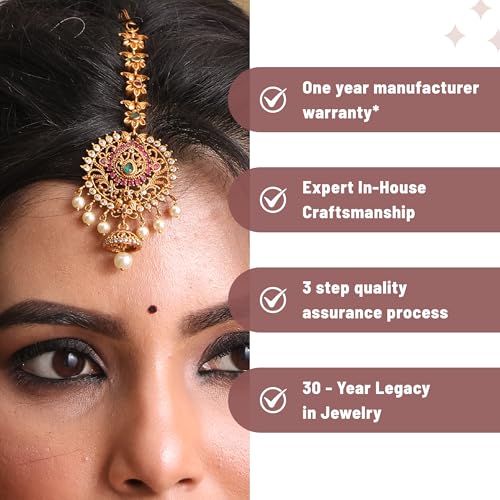 TARINIKA Antique Maang Tikka(Nethi chutti) for Women, Gold Plated Brass & CZ Stones Head Jewelry, Traditional Wedding Mang tikka Festive & Bridal Accessory (Ishita Antique(White Red Green)) - Image 5
