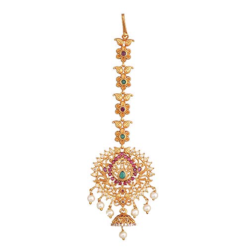 TARINIKA Antique Maang Tikka(Nethi chutti) for Women, Gold Plated Brass & CZ Stones Head Jewelry, Traditional Wedding Mang tikka Festive & Bridal Accessory (Ishita Antique(White Red Green)) - Image 1