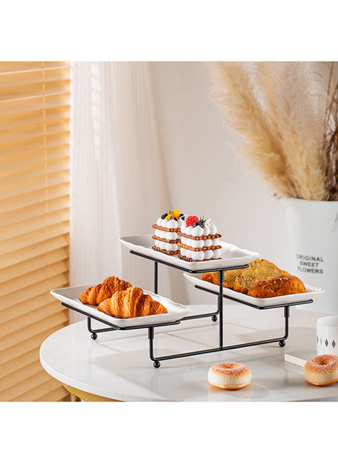 Shallow Porcelain 2-Tier Rectangular Serving Set with Black Stand Rack - 3 Pieces, 25cm