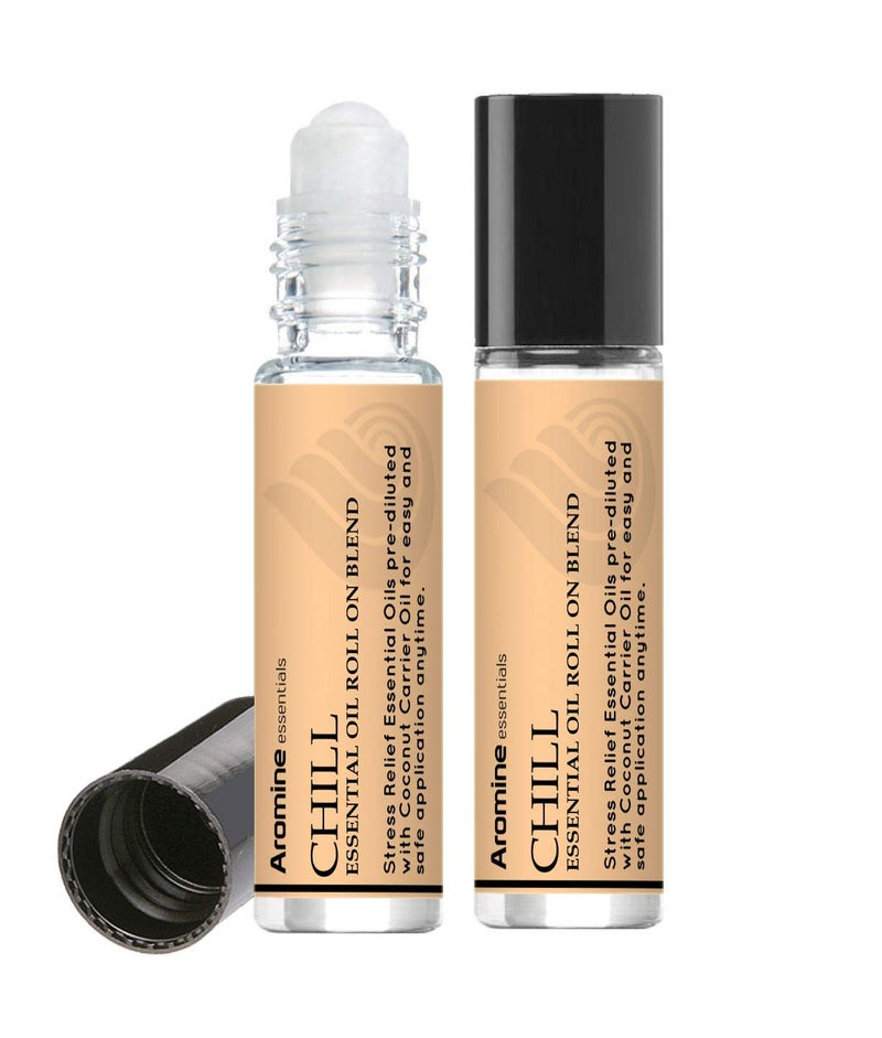 Aromine Chill (Stress Reducer and Relaxation) Essential Oil Roll On, Pre-Diluted 10ml (1/3 fl oz) 2 Pack - Image 1