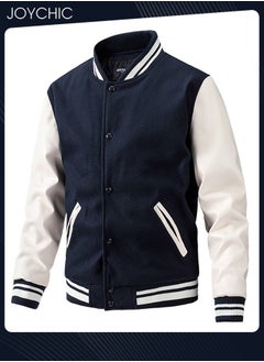 Joychic Classic Men Spring Autumn and Winter Baseball Uniform Woolen Pu Sleeve Casual Jacket Warm Outwear for Men Youth Teenager Dark Blue+White  - Image 1