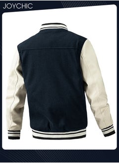 Joychic Classic Men Spring Autumn and Winter Baseball Uniform Woolen Pu Sleeve Casual Jacket Warm Outwear for Men Youth Teenager Dark Blue+White  - Image 2