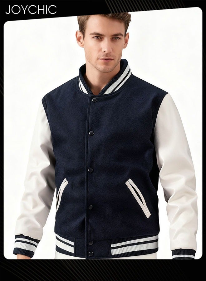 Joychic Classic Men Spring Autumn and Winter Baseball Uniform Woolen Pu Sleeve Casual Jacket Warm Outwear for Men Youth Teenager Dark Blue+White - Image 1
