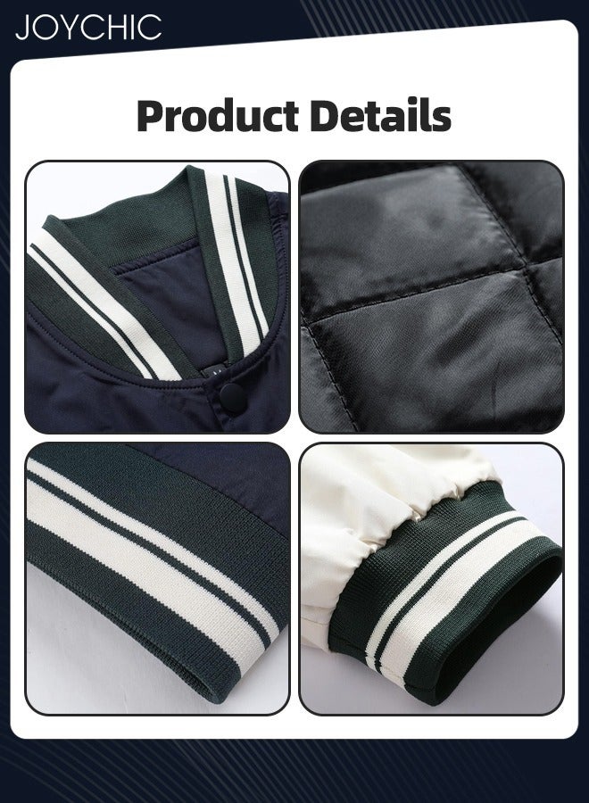 Joychic Classic Men Spring Autumn and Winter Baseball Uniform Woolen Pu Sleeve Casual Jacket Warm Outwear for Men Youth Teenager Dark Blue+White - Image 4