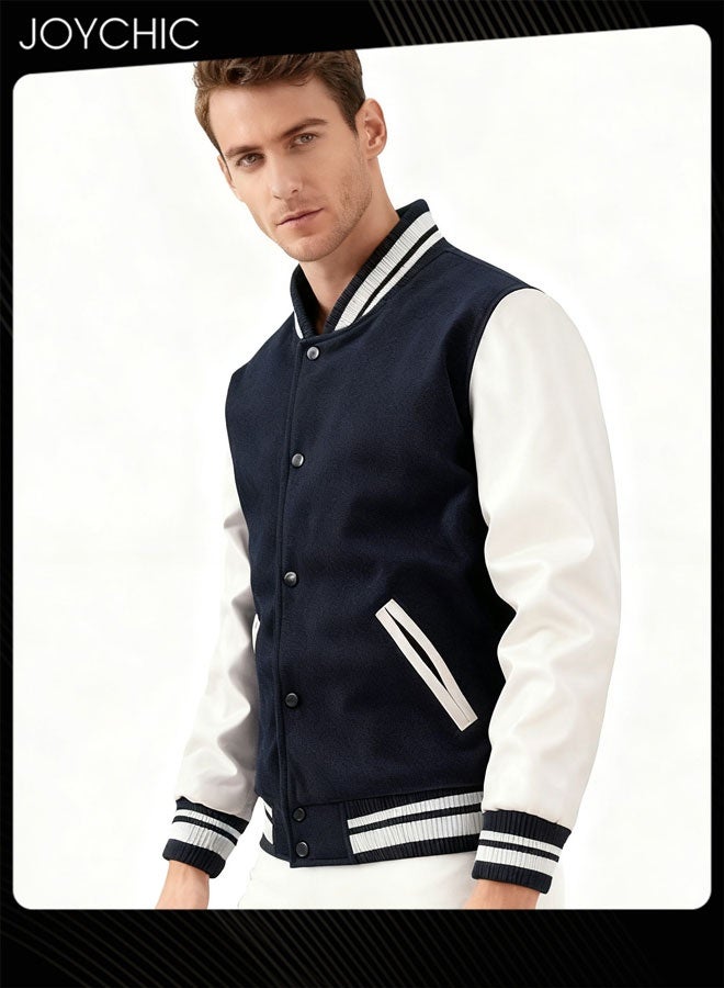 Joychic Classic Men Spring Autumn and Winter Baseball Uniform Woolen Pu Sleeve Casual Jacket Warm Outwear for Men Youth Teenager Dark Blue+White - Image 2