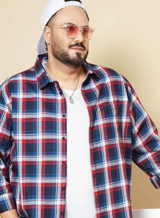 Men Plus Size Regular Fit Checkered Cutaway Collar Full Sleeves Casual Shirt