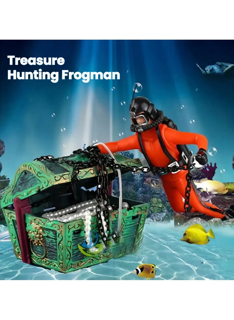 عام ترتيب المناظر الطبيعية في حوض السمك. هناك تزيينات لحوض السمك مثل صندوق الكنوز والمزخرفات الخاصة به، فضلاً عن مشهد من أبحاث الكنوز مع رجل الضفادع، والتي تعمل على تأطير حوض السمك أو الحوض الاستوائي. - Image 1