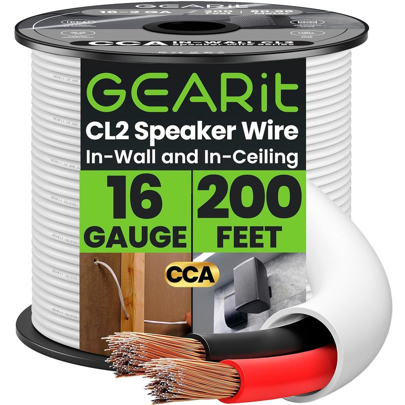 GearIT 16/2 Speaker Wire (200 Feet) 16 Gauge (Copper Clad Aluminum) - Fire Safety in Wall Rated Audio Speaker Wire Cable / CL2 Rated / 2 Conductors - CCA, 200ft - Image 1