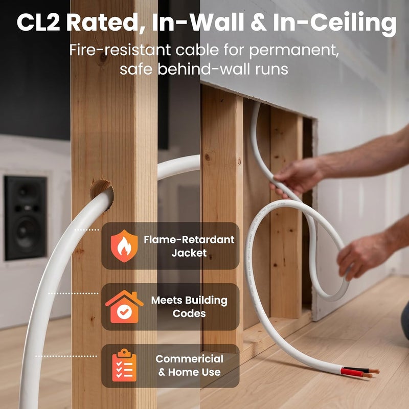 GearIT 16/2 Speaker Wire (200 Feet) 16 Gauge (Copper Clad Aluminum) - Fire Safety in Wall Rated Audio Speaker Wire Cable / CL2 Rated / 2 Conductors - CCA, 200ft - Image 2