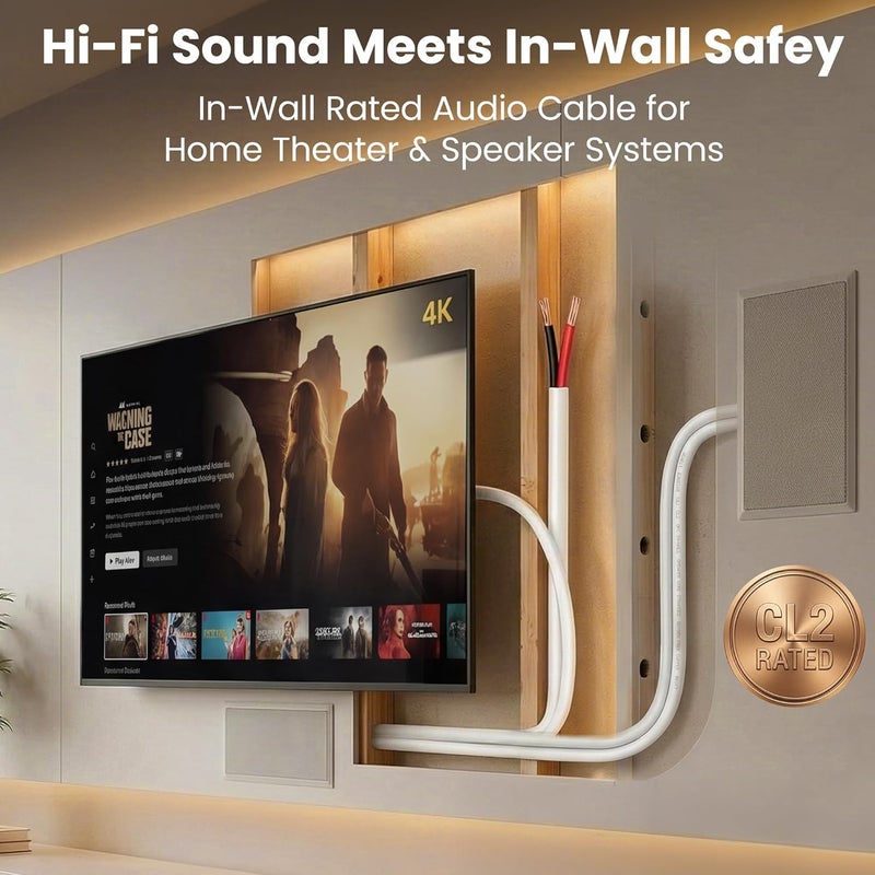 GearIT 16/2 Speaker Wire (200 Feet) 16 Gauge (Copper Clad Aluminum) - Fire Safety in Wall Rated Audio Speaker Wire Cable / CL2 Rated / 2 Conductors - CCA, 200ft - Image 4