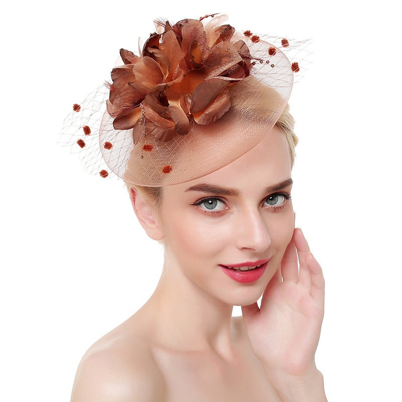 Generic Elegant Bridal Hat Veil Feather Hair Clip Accessory Coffee