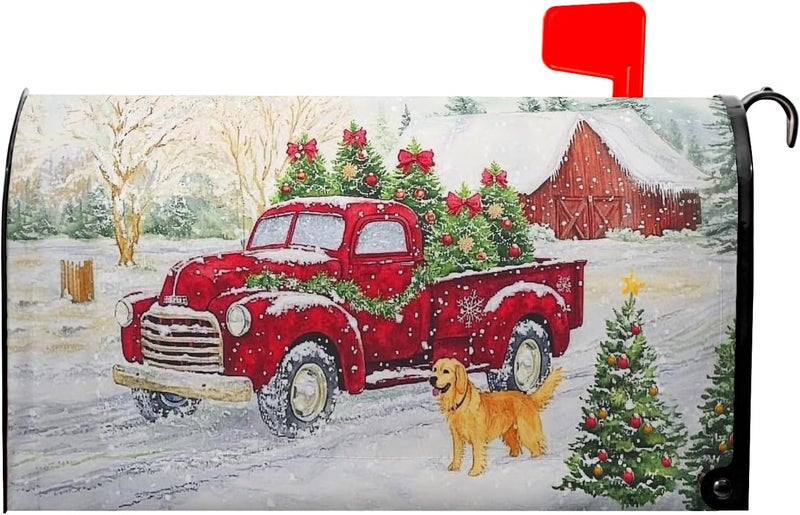 Farg Merry Christmas Mailbox Covers Magnetic Winter Snow Dog Red Truck Mailbox Cover 21" X 18" Christma Tree Mail Box Covers Magnetic Standard Size for Yard Home Decor - Image 1