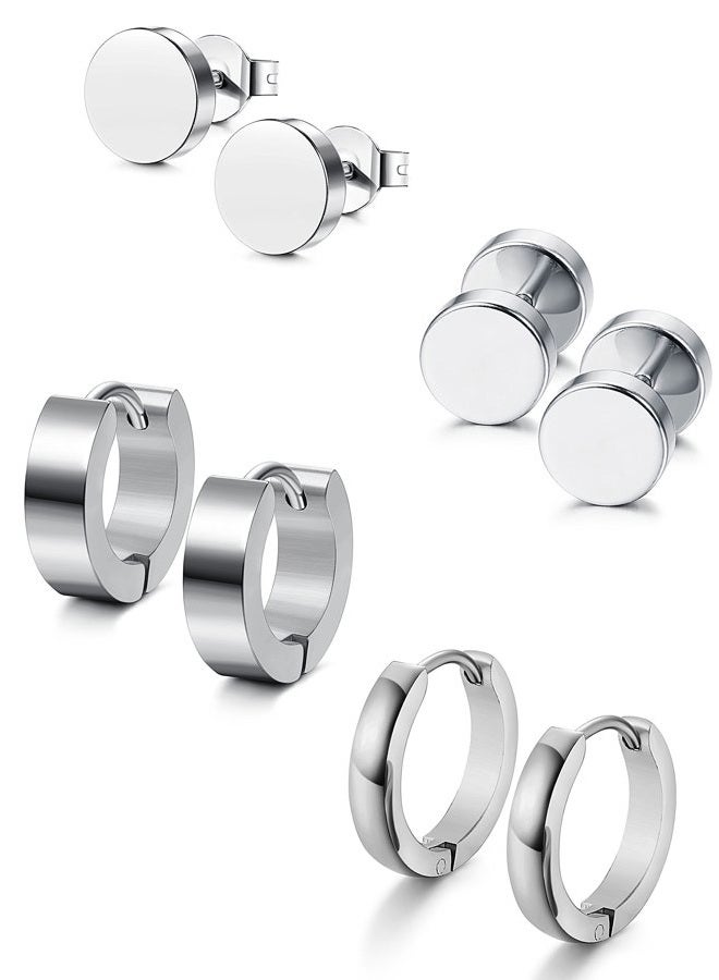 Jstyle 4 Pairs Hypoallergenic Stainless Steel Earrings For Sensitive Ears Simple Stud and Hoop Earrings Huggie Earring Set 18G, Stainless Steel - Image 1