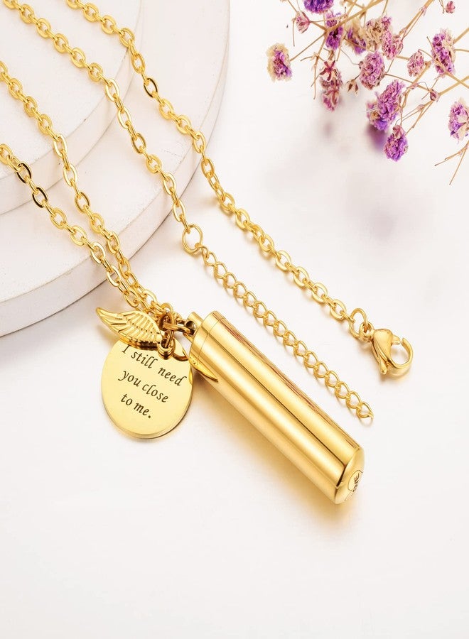 abooxiu Cylinder Urn Necklace for Ashes Cremation Jewelry/Keychain for human Pet Stainless Steel Memorial Keepsake Pendant with Angel Wing Charm Ashes Jewelry-Gold L - Image 2