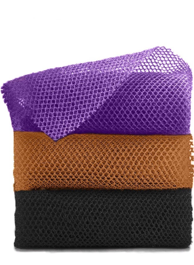 فلابوكس FLABOX 3 Pcs شبكة إسفنج أفريقية تقشر إسفنج الحمامات إسفنج تقشر الجسم الظهر سكرابر الجلد أملس للحمام، حوض (أرجواني، أسود، قهوة)  - Image 1