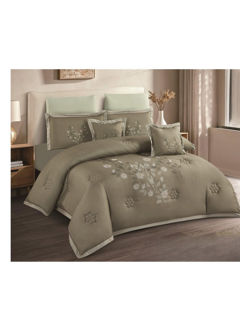 Summer double bed set (one and a half size) with elegant floral embroidery. Soft microfiber, full filling, 5pieces: 1 comforter (170 x 230 cm), 1 fitted sheet (120 x 200 cm), 2 pillowcases (75 x 50 cm), 1 cushion cover (45 x 45 cm).