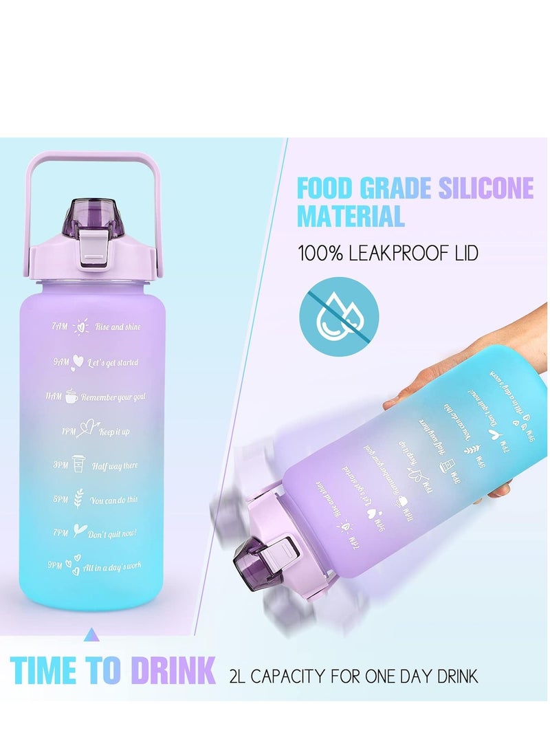 زجاجة ماء كبيرة 2 لتر مع قشّة وعلامات تحفيزية للوقت، إبريق 2000 مل مع مقبض للرياضة والجيم والتخييم، باللون الأرجواني والأزرق - Image 3