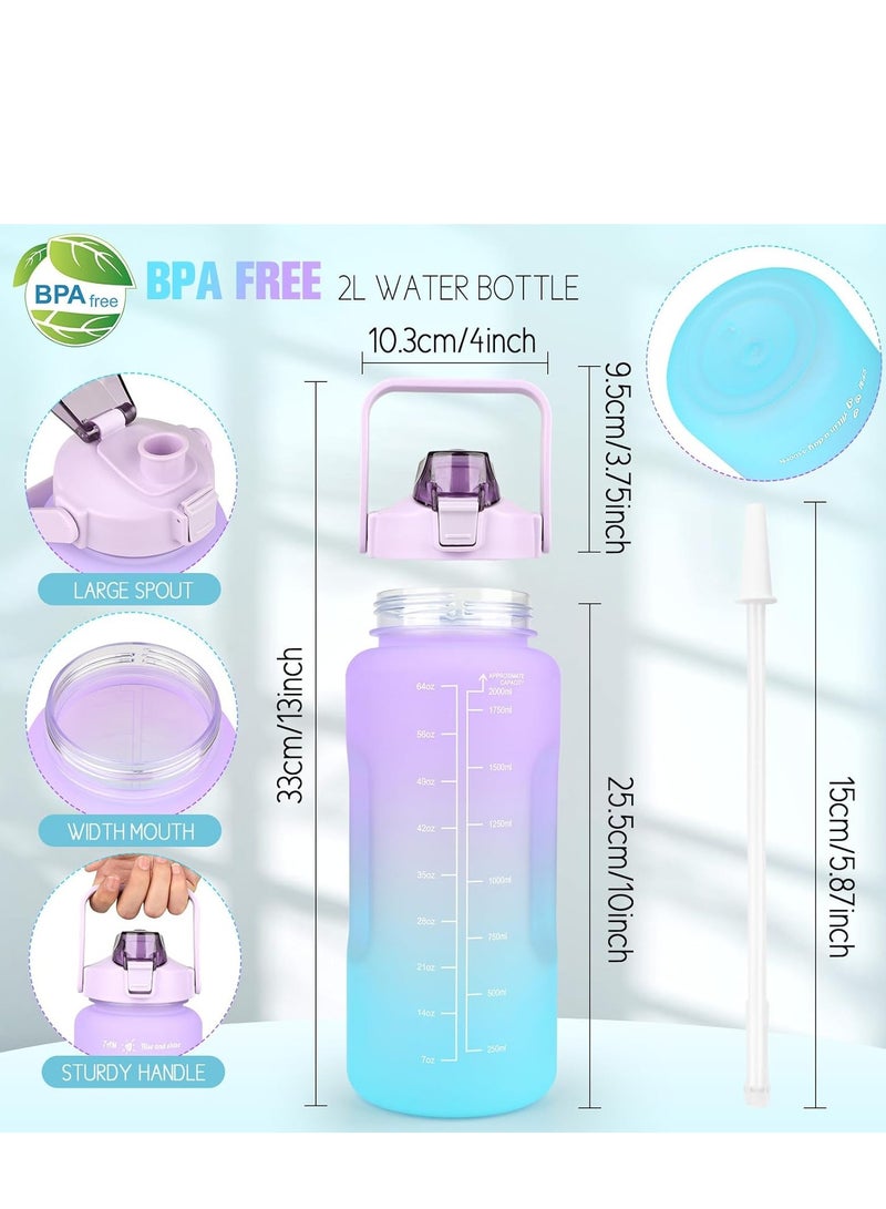 زجاجة ماء كبيرة 2 لتر مع قشّة وعلامات تحفيزية للوقت، إبريق 2000 مل مع مقبض للرياضة والجيم والتخييم، باللون الأرجواني والأزرق - Image 2