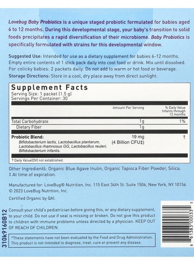 LoveBug Probiotics Baby Probiotics 6-12 Months 4 Billion CFU 30 Single Serve Stick Packs - Image 2