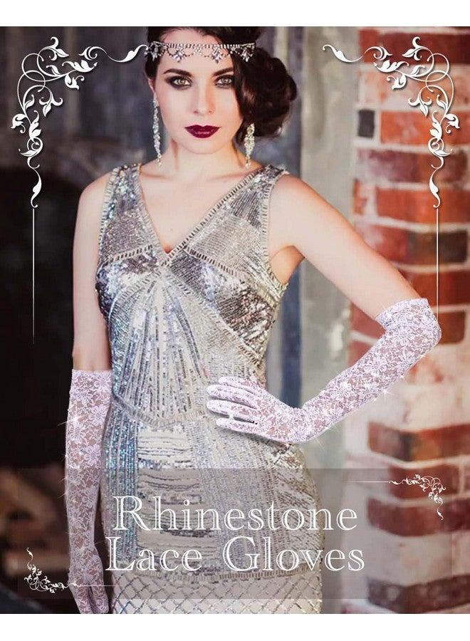 كامبسيس قفازات دانتيل من Campsis قفازات دانتيل طويلة بيضاء مرصعة بأحجار الراين لحفلات الأوبرا من عشرينيات القرن العشرين لحفلات الزفاف والعشاء - Image 3