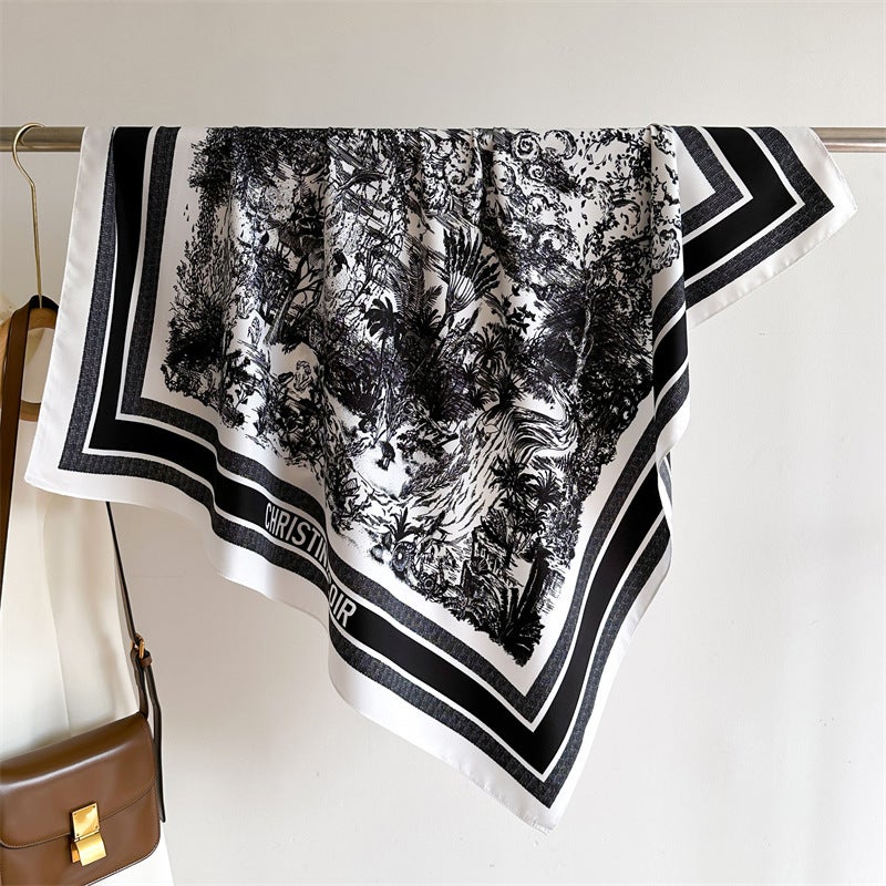 Silk scarf fashion Forest print scarf simple line twill silk large square scarf 90cm shawl sunscreen travel scarf - Image 1