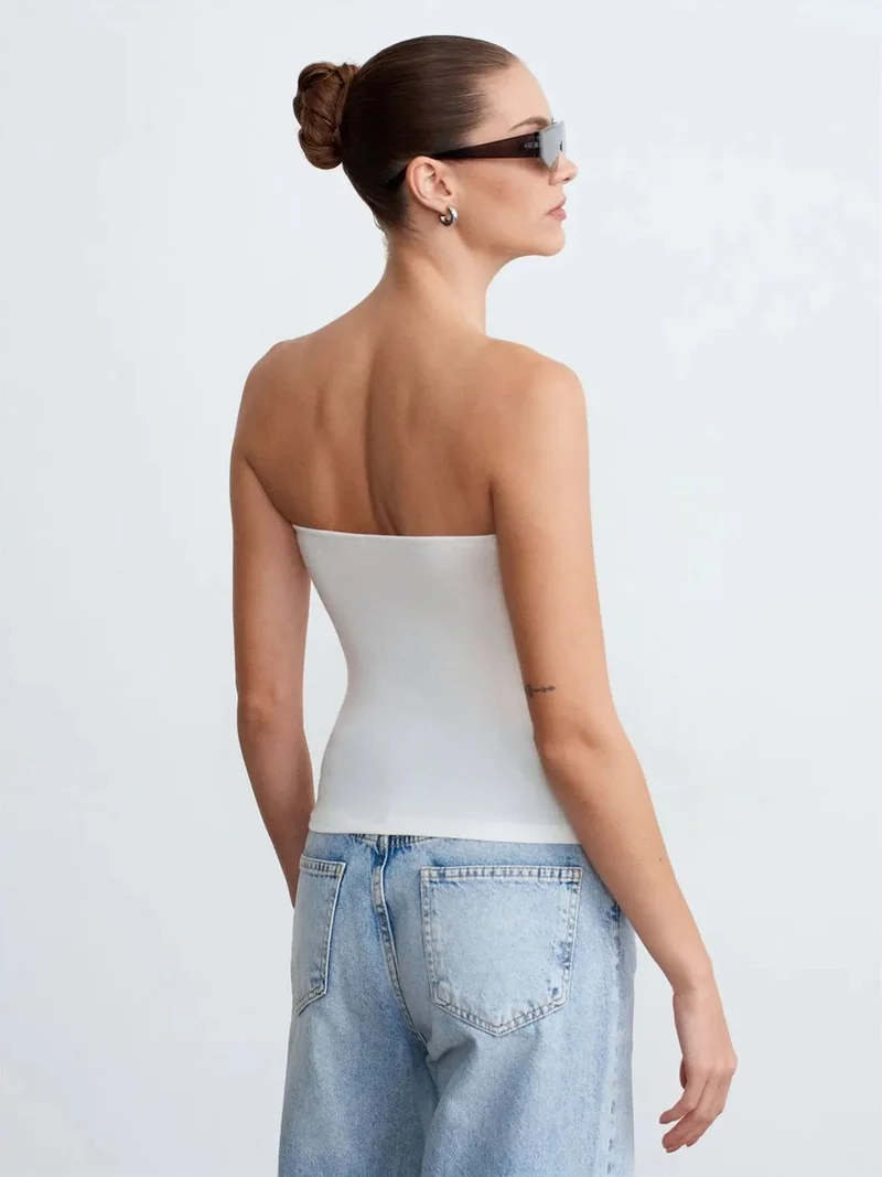 ديلفين DILVIN Strapless Slim-Fit Jersey Blouse With Tie Detail