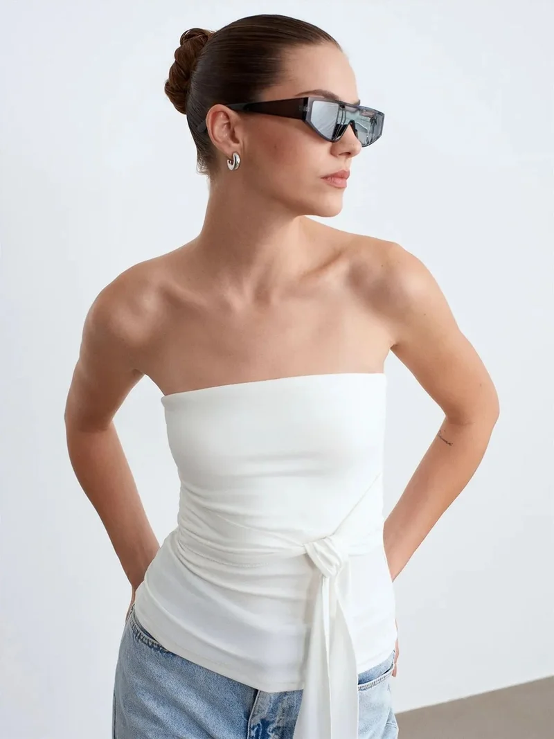 ديلفين DILVIN Strapless Slim-Fit Jersey Blouse With Tie Detail