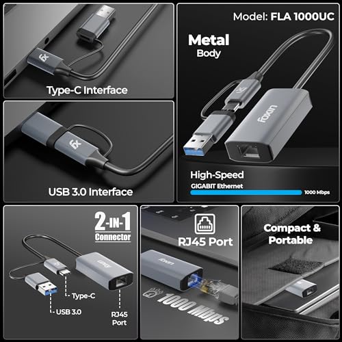 Foxin LAN Gigabit Ethernet Adapter with Dual Plugs (Type C + USB) | Super Speed 1000 Mbps Network LAN Converter | RJ45 LAN Port, Compatible with Laptop, Desktop, Gaming Console - FLA 1000UC - Image 2