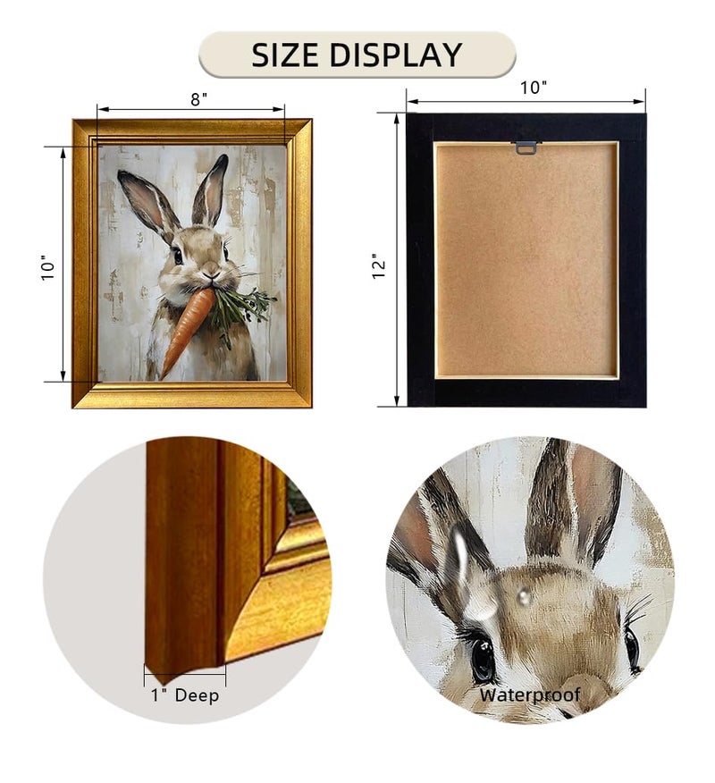 AIANHUA Gold Framed Vintage Easter Wall Art Rabbit Carrot Oil Painting Spring Bunny Canvas Print Rustic Farmhouse Picture Wall Decor for Kids Room Nursery Decor - Image 2