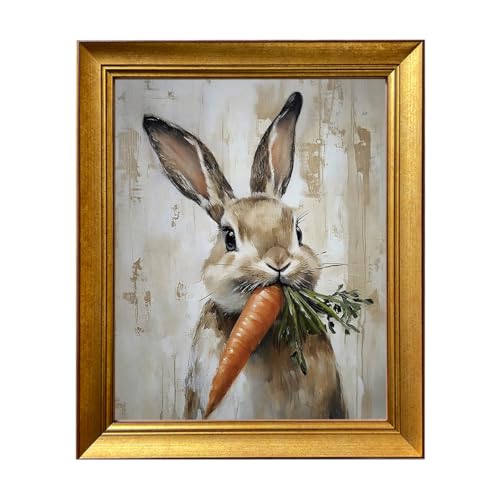 AIANHUA Gold Framed Vintage Easter Wall Art Rabbit Carrot Oil Painting Spring Bunny Canvas Print Rustic Farmhouse Picture Wall Decor for Kids Room Nursery Decor - Image 1
