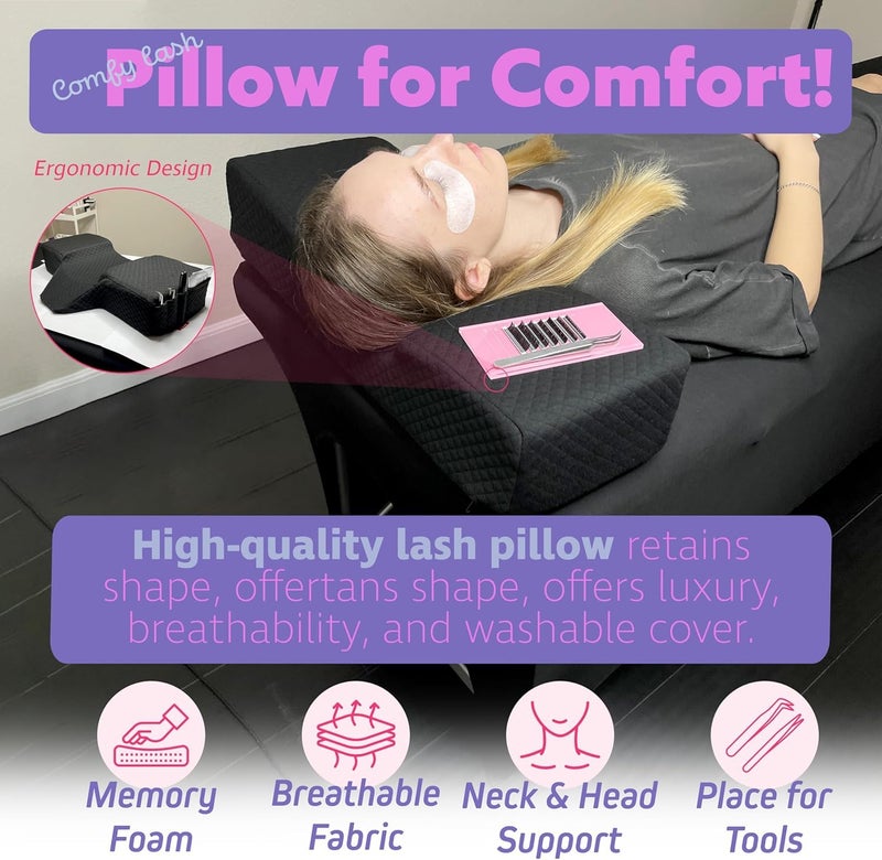 XOLLOZ Lash Pillow for Eyelash Extensions - Curved Memory Foam Bed Pillow, Ergonomic Head Rest with Neck Support, Side Pockets for Tools, Fits Lash Beds for Tech â€“ Black - Image 3