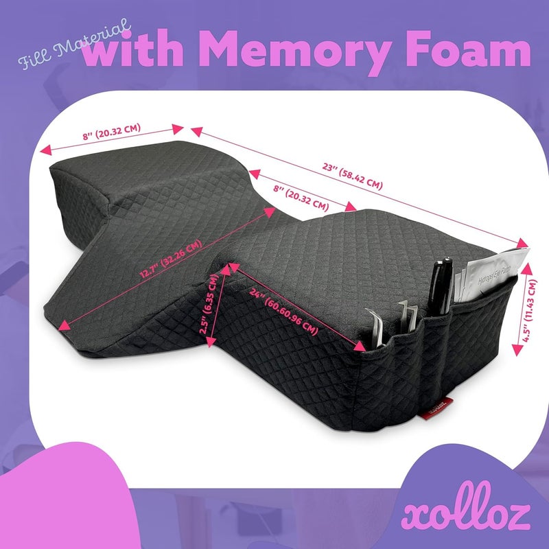 XOLLOZ Lash Pillow for Eyelash Extensions - Curved Memory Foam Bed Pillow, Ergonomic Head Rest with Neck Support, Side Pockets for Tools, Fits Lash Beds for Tech â€“ Black - Image 2