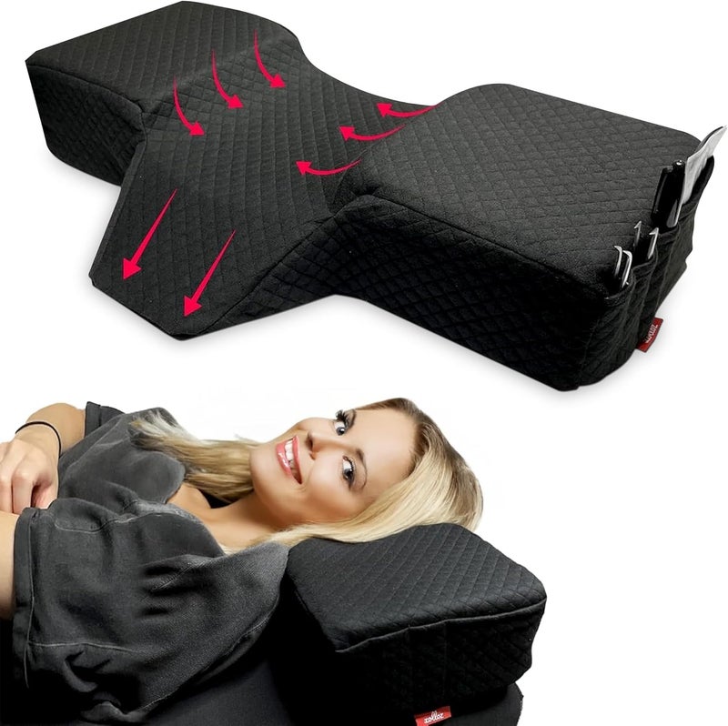 XOLLOZ Lash Pillow for Eyelash Extensions - Curved Memory Foam Bed Pillow, Ergonomic Head Rest with Neck Support, Side Pockets for Tools, Fits Lash Beds for Tech â€“ Black - Image 1