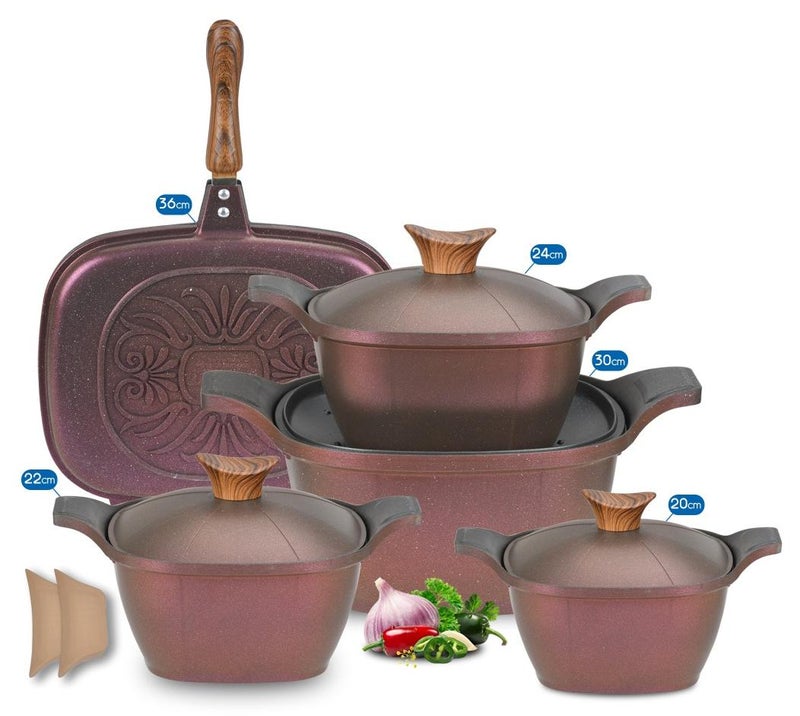 9 Piece Healthy Granite Nonstick Kitchen. (4 Pots (20 + 22 + 24 + 30) + Double Grill 36 Royal)